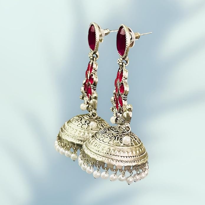 D Glamm Fashion Ethnic Jhumka Earrings for Women, Faux Ruby and Pearl Embellished, Metal Jhumki Style