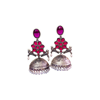 D Glamm Fashion Ethnic Jhumka Earrings for Women, Faux Ruby and Pearl Embellished, Metal Jhumki Style