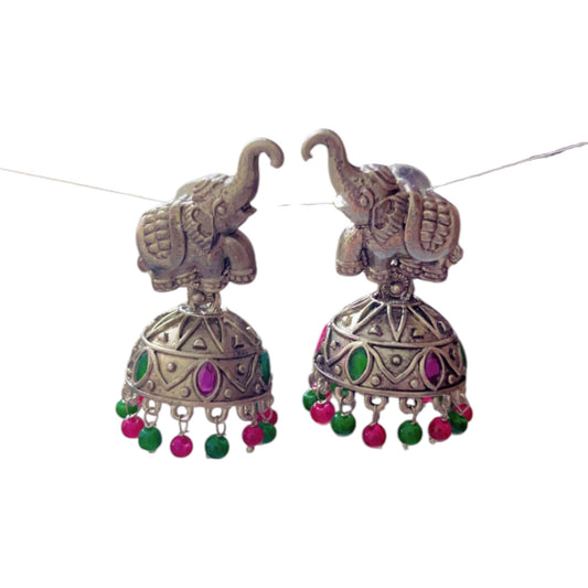 D Glamm Fashion Ethnic Jhumka Earrings for Women, Antique Finish, Purple, Green Beads