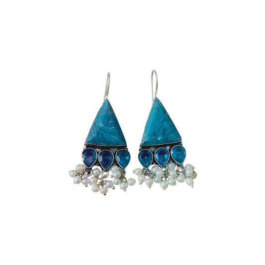 D Glamm Fashion Handcrafted Turquoise Triangle Dangle Earrings with Pearl Clusters, Sterling Silver Hooks