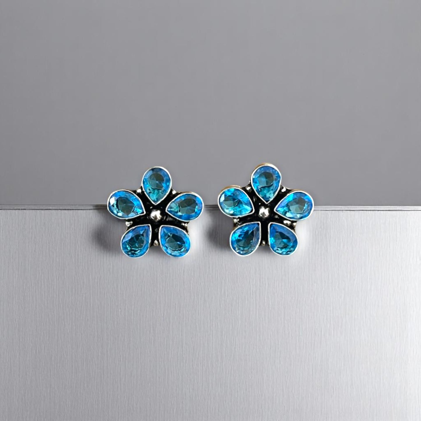 D Glamm Fashion Blue Gemstone Flower Stud Earrings for Girls and Women