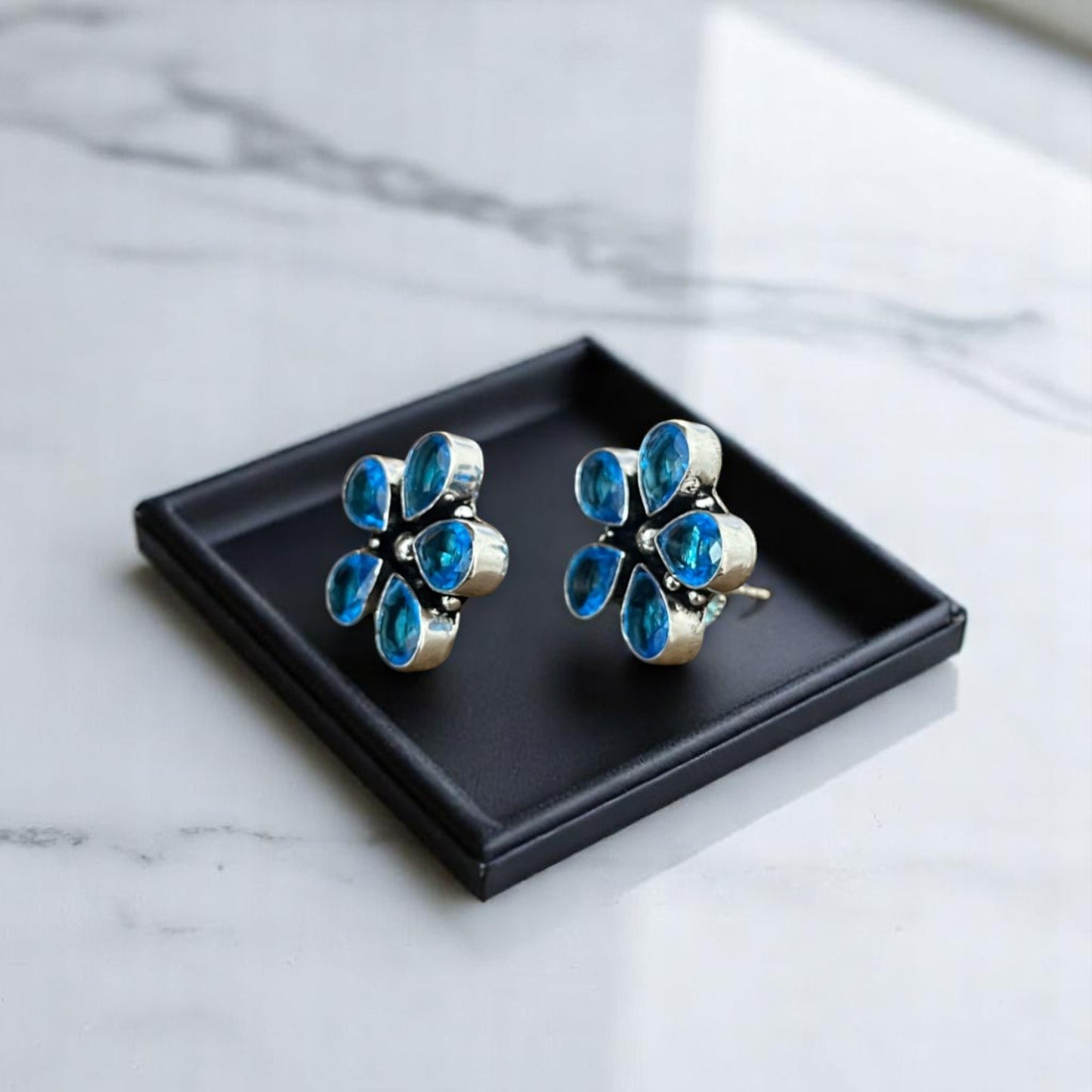 D Glamm Fashion Blue Gemstone Flower Stud Earrings for Girls and Women