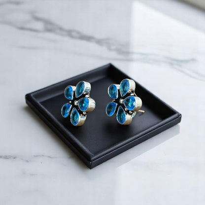 D Glamm Fashion Blue Gemstone Flower Stud Earrings for Girls and Women